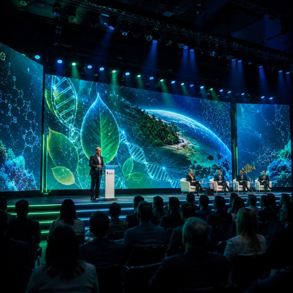 Opening ceremony with keynote and stages featuring biodiversity, DNA, and technology